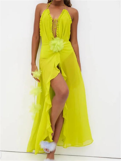 Amy Fashion - Sexy Women Summer Beach  Sleeveless Halter Tie-up Backless See-through Flower Split Ruffles Vestidos