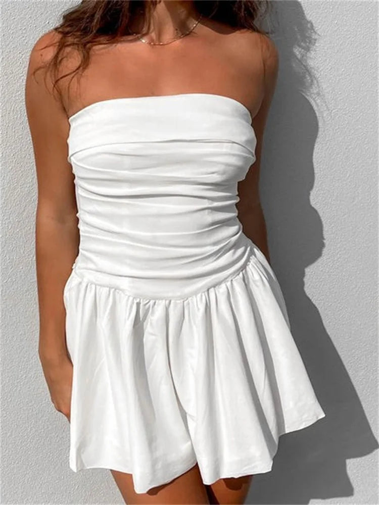 Amy Fashion - Sexy Summer Tube Strapless Off Shoulder Solid Ruched Mini Dress