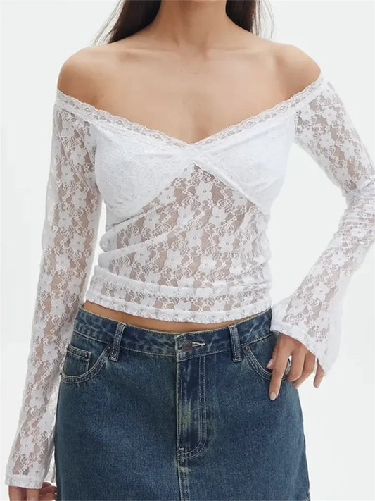 Amy Fashion - Vintage Lace Crop Tops Long Sleeve Off-Shoulder Casual Pullovers T-shirts