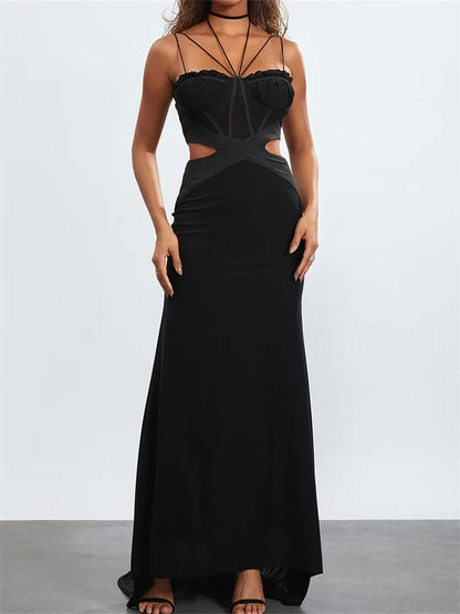 Amy Fashion - Women Black Halter Sleeveless Slim  Waist Hollow Out Spaghetti Strap Evening Summer Female Vestidos