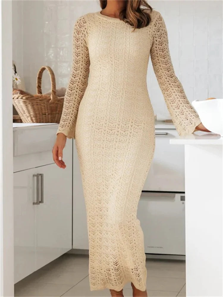 Amy Fashion - Women   Sleeve Round Neck Backless Tie-up Hollow Out Cocktail Spring Autumn Female Vestidos