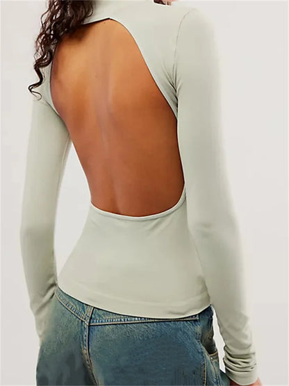 Amy Fashion - Long Sleeve High Neck Backless Slim Fit Solid Color T-Shirts