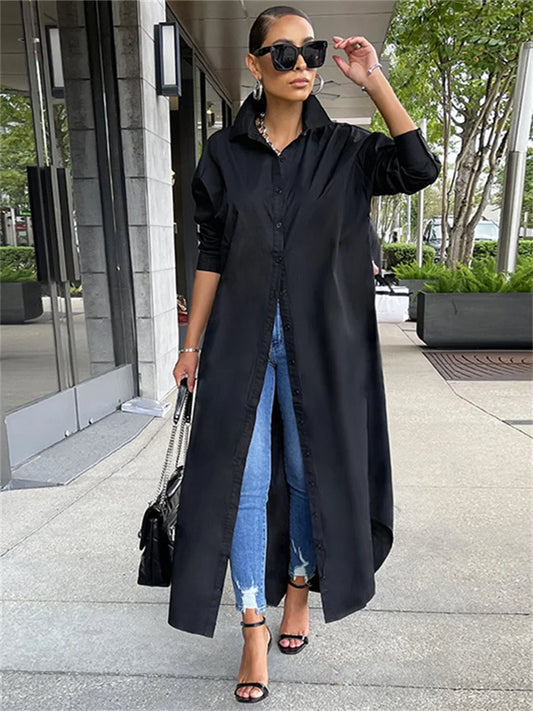 Amy Fashion - Women Loose Casual Kaftan   Shirts  Solid  Sleeve Lapel Single-breasted  Female Vestidos