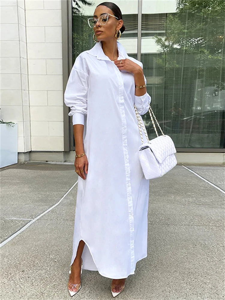 Amy Fashion - Women Loose Casual Kaftan   Shirts  Solid  Sleeve Lapel Single-breasted  Female Vestidos