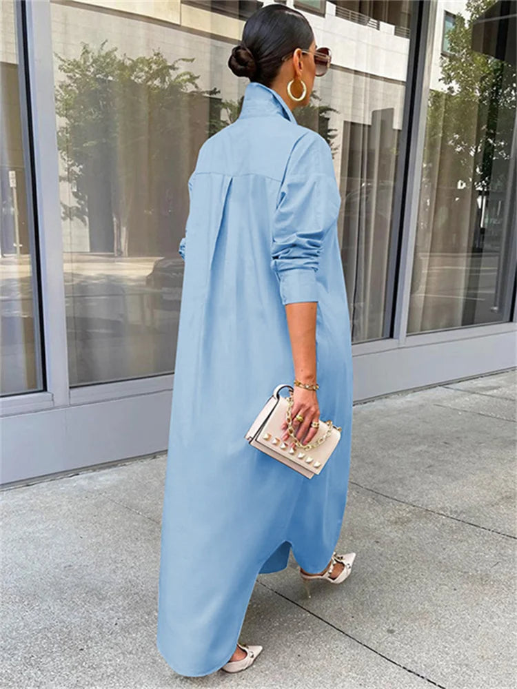 Amy Fashion - Women Loose Casual Kaftan   Shirts  Solid  Sleeve Lapel Single-breasted  Female Vestidos