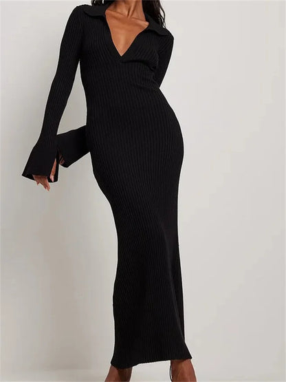 Amy Fashion - Women Ribbed Knitted   Flare Sleeve Lapel Solid Color Bodycon Party Going Out Female Vestido