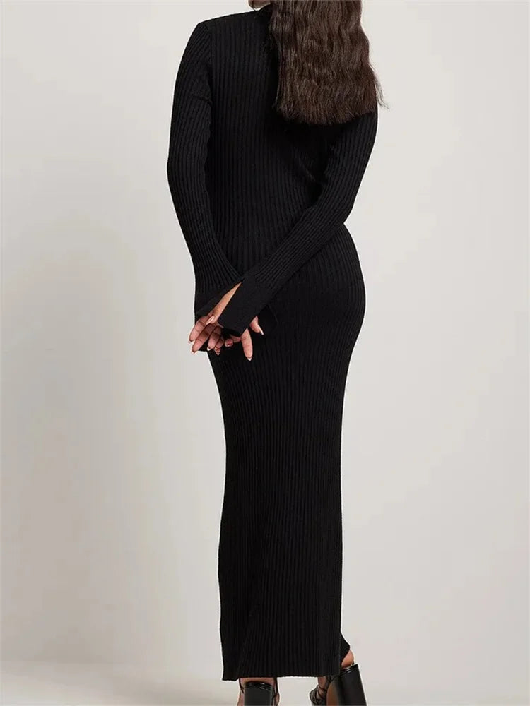 Amy Fashion - Women Ribbed Knitted   Flare Sleeve Lapel Solid Color Bodycon Party Going Out Female Vestido