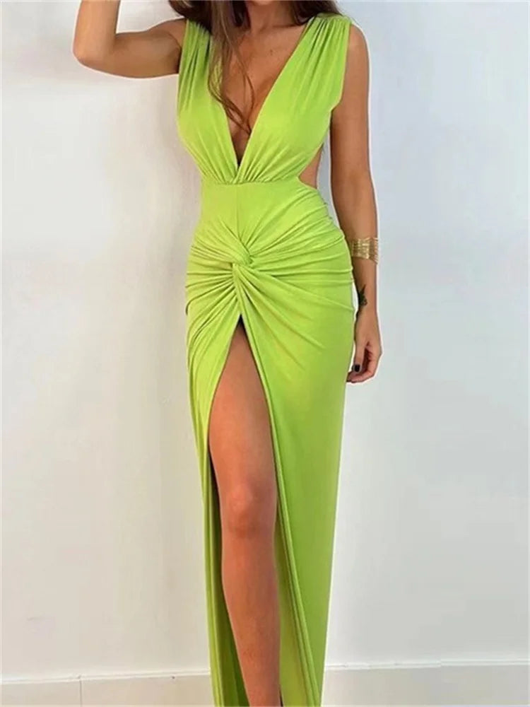 Amy Fashion - Women Sexy High Split  Sleeveless Deep V-neck Backless Ruched Summer Elegant Party Clubwear Vestidos