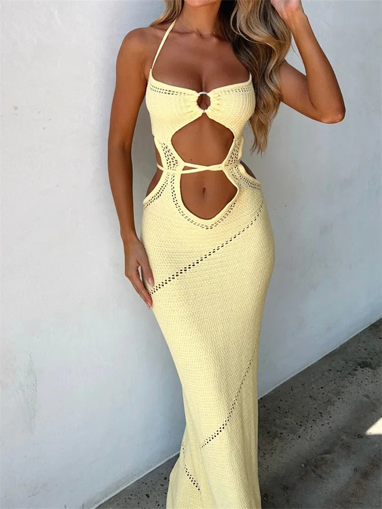 Amy Fashion - Women Sleeveless Halter Knitted  Solid Color Front Cutout Backless Tie-Up Slim Beach Summer Vestidos