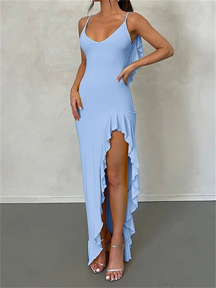 Amy Fashion - Women Spaghetti Strap Backless Ruffles  Sexy Slim Fit V Neck Sleeveless Strap Ruched Beach  Vestidos