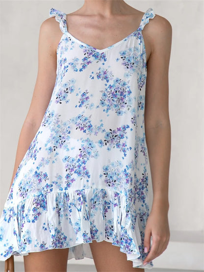 Amy Fashion - Summer Casual Camis Floral Print V Neck Mini Dress