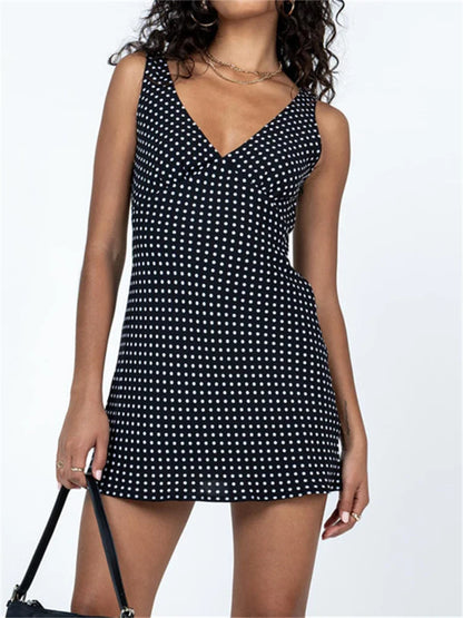 Amy Fashion - Tank Sleeveless Deep V Neck Dot Print Casual Mini Dress