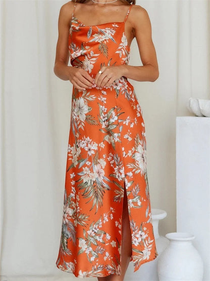 Amy Fashion - Women V-neck Floral Print Sleeveless Strap Side Split   for Party Club Wedding Night Female Vestidos