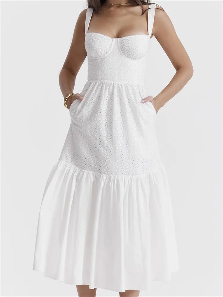 Amy Fashion - Y2K Square Neck Lace  for Women Low Cut Sleeveless Spaghetti Strap White Summer Female Vestidos