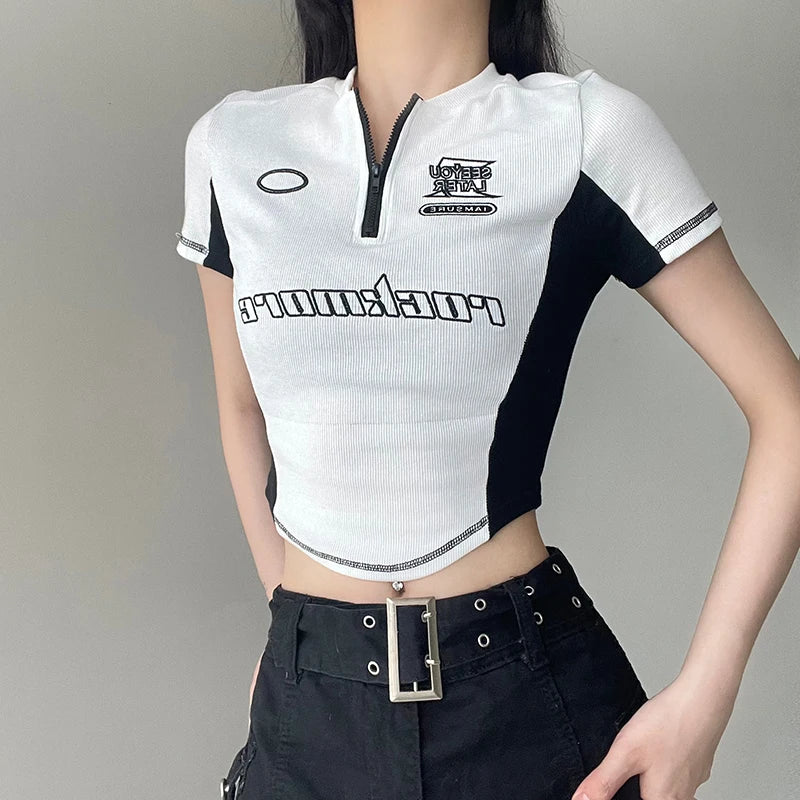 Casual Stitched Zipper Y2k Aesthetic Knitted Short Sleeve Letter Print Harajuku Crop Top