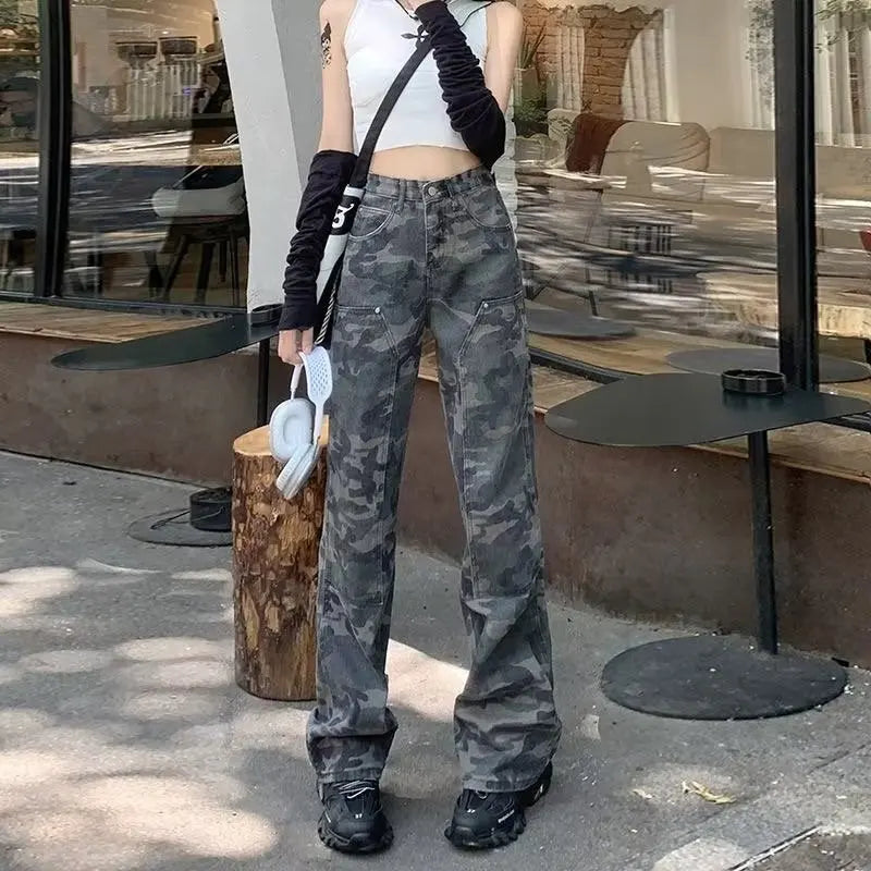 Amy Fashion - Fashion Camouflage Workwear Spicy Girl Xia Chunqiu High Waisted Wide Legged Slimming Floor Mop Pants Jean