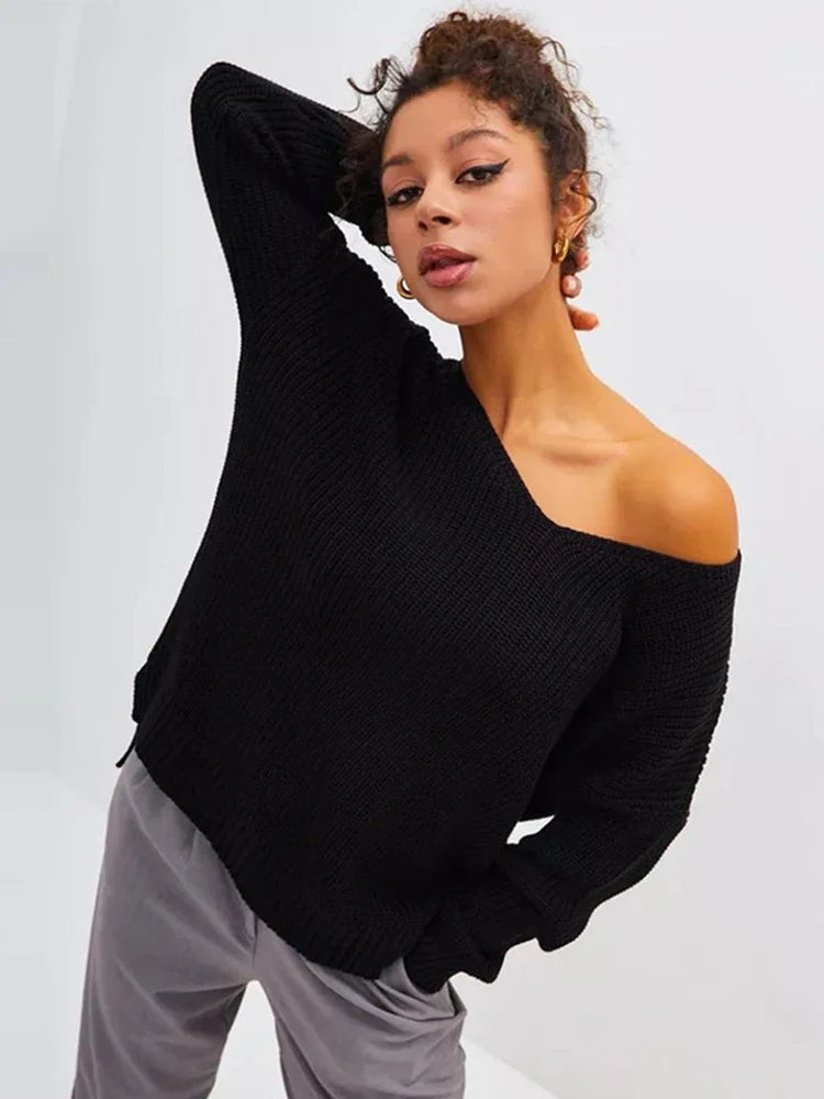 Casual Knitted Women Solid V-neck Long Sleeve Pullover 2024 Autumn Winter Soft Match All Sweater