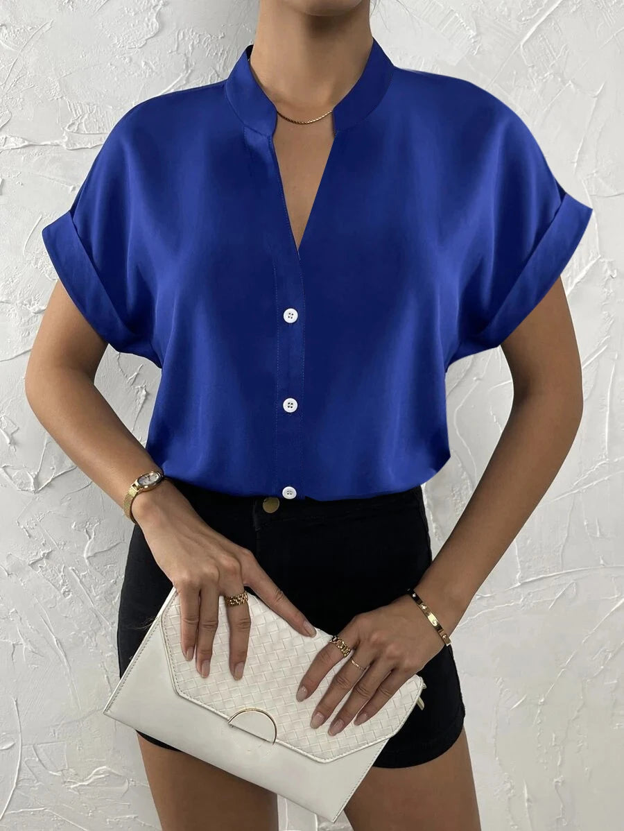 Casual Solid Office Lady Short Sleeve Slim White Blouse