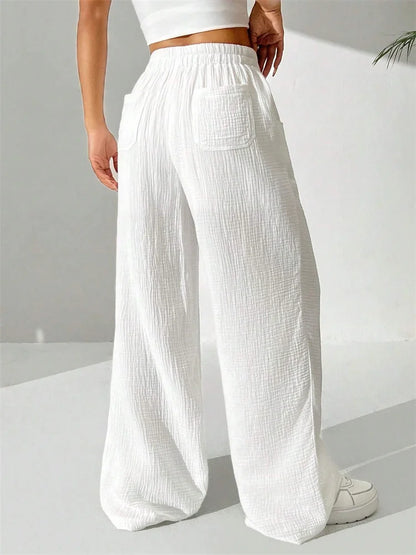 Casual Wrinkle Solid Color Long Autumn Winter Straight Drawstring Loose Trouser