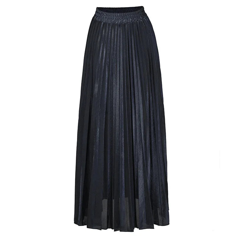 Check Pleated Maxi High Waist Large Swing Gold Long Skirt