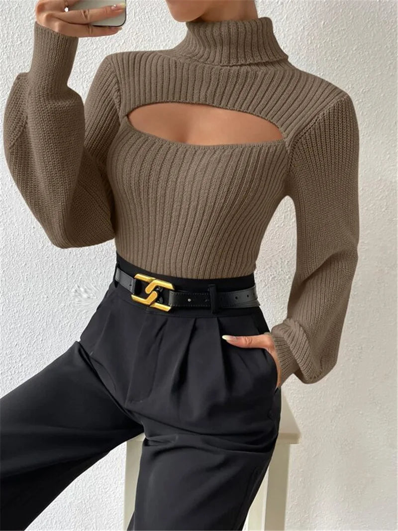 Chest Hollowed-out Sexy Loose Matching Fall Winter Turtleneck Sweater