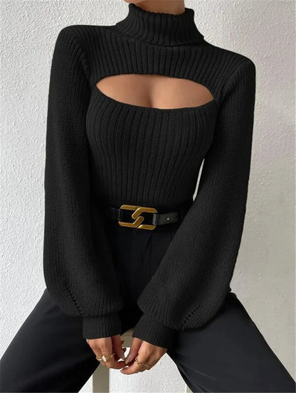 Chest Hollowed-out Sexy Loose Matching Fall Winter Turtleneck Sweater