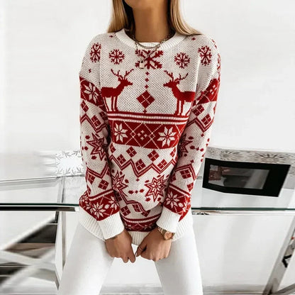 Deer Print Casual Loose Long Sleeve O Neck Christmas Sweater