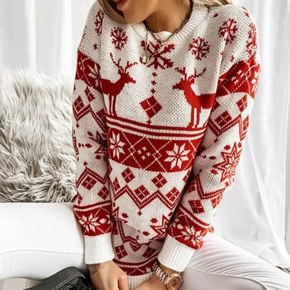 Deer Print Casual Loose Long Sleeve O Neck Christmas Sweater