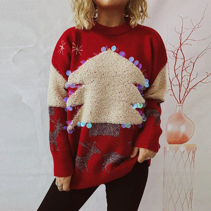 Sequins Christmas Tree Deer Jacquard Crew Neck Sweater