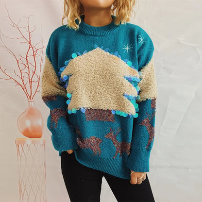 Sequins Christmas Tree Deer Jacquard Crew Neck Sweater