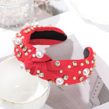 Festive Red Winter Wide Knotted Christmas Hair Accessory with Imitation Pearls