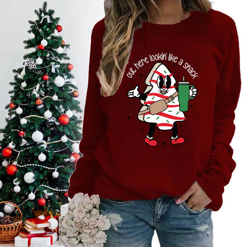 Snack Print Round Neck Christmas Hoodie - Casual Long Sleeve