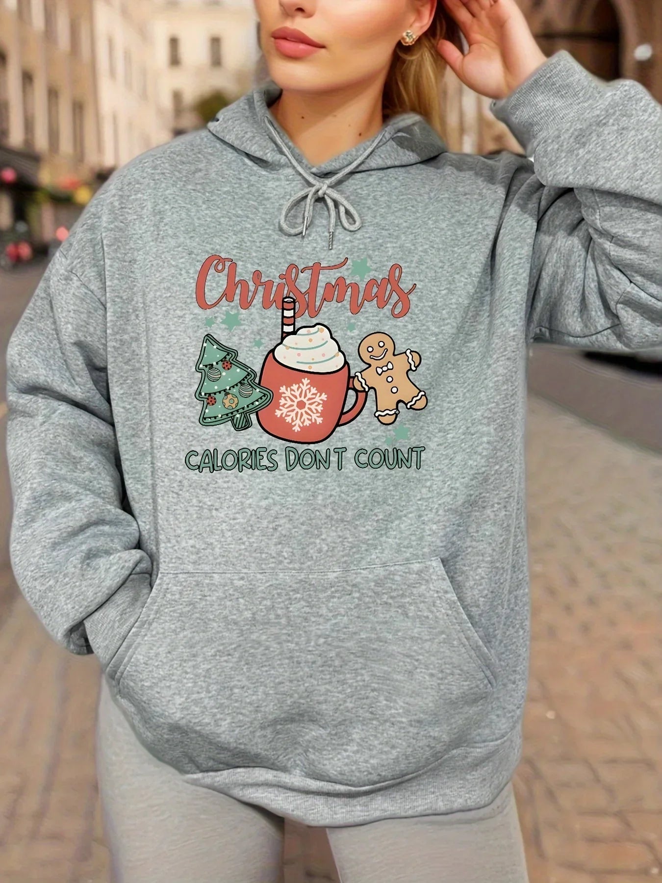 Fleece Lined Drawstring Sports Hoodie with Christmas Tree Design