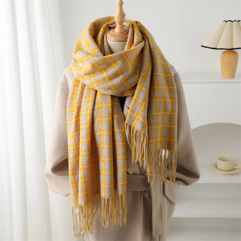 Pashmina Tassel Plaid Cashmere-Like Warm Shawl Scarf