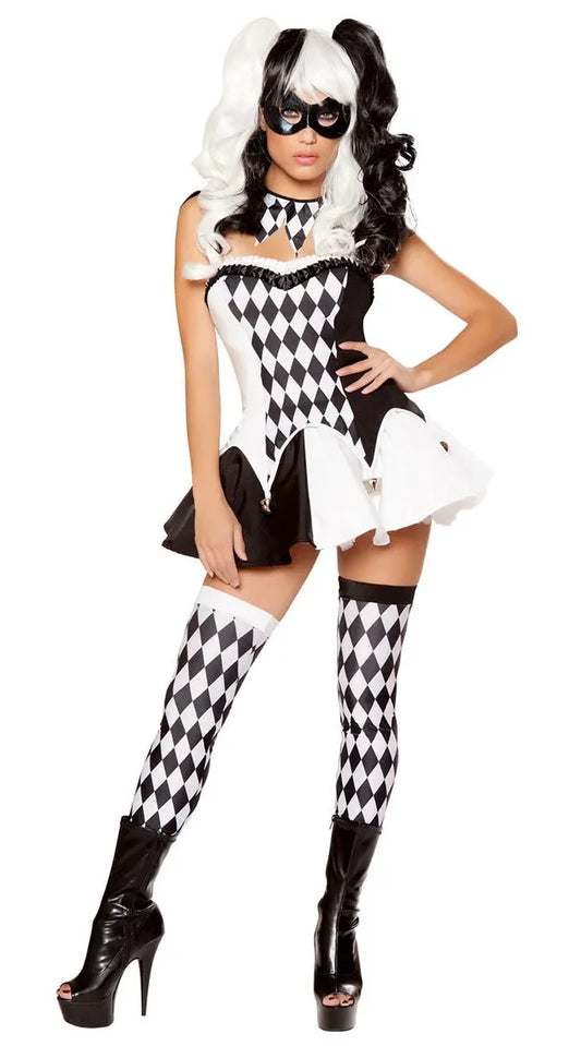 Carnival Fancy Black Clown Dress Masquerade Costume White Lattice Circus