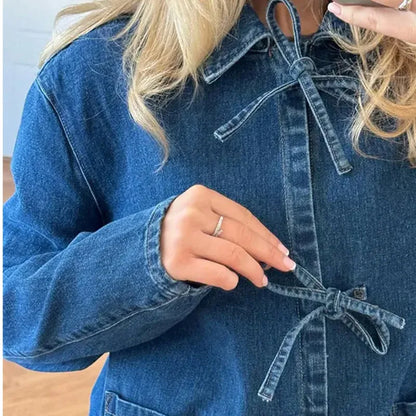 Denim Bow Polo Collar Long Sleeve Pullover With Ties England Style Pocket Thin Jacket