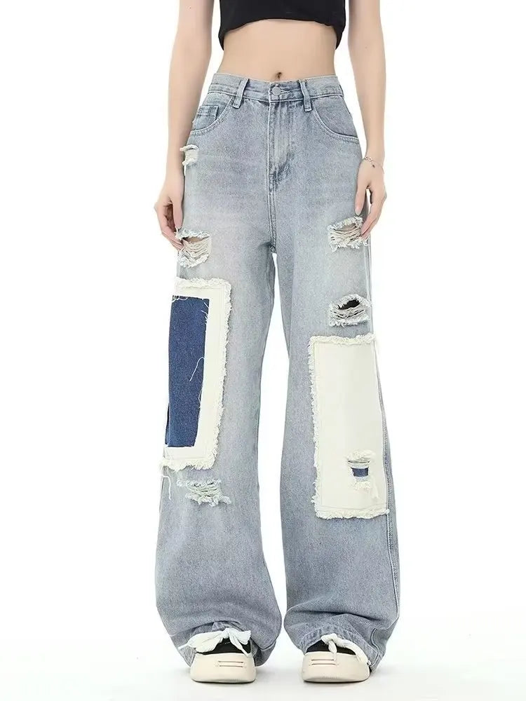 Amy Fashion - Broken Hole Patch Summer Crowd High Waist Loose Straight Leg Women's Jean