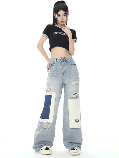 Amy Fashion - Broken Hole Patch Summer Crowd High Waist Loose Straight Leg Women's Jean