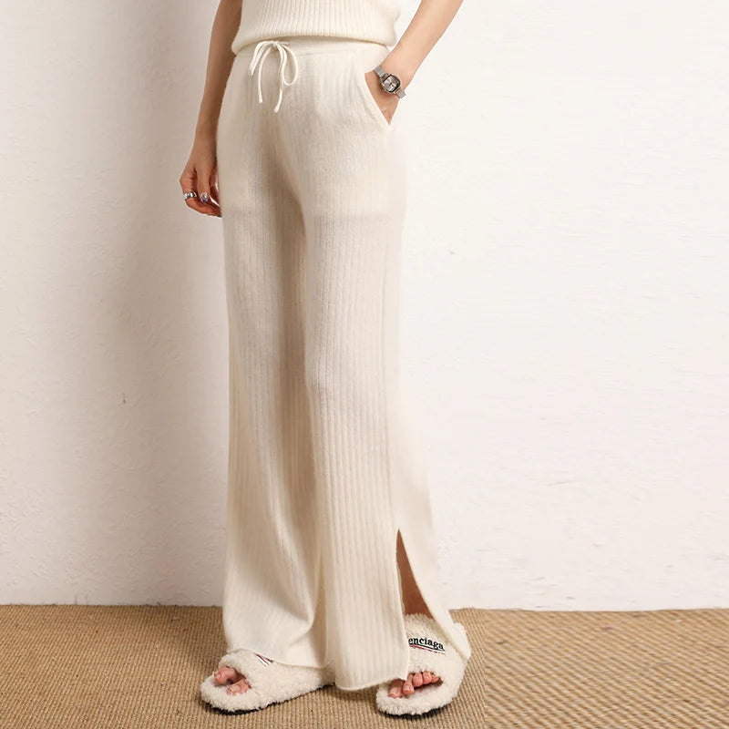 Cashmere Side Slit Wide Leg Warm High-Quality Pants