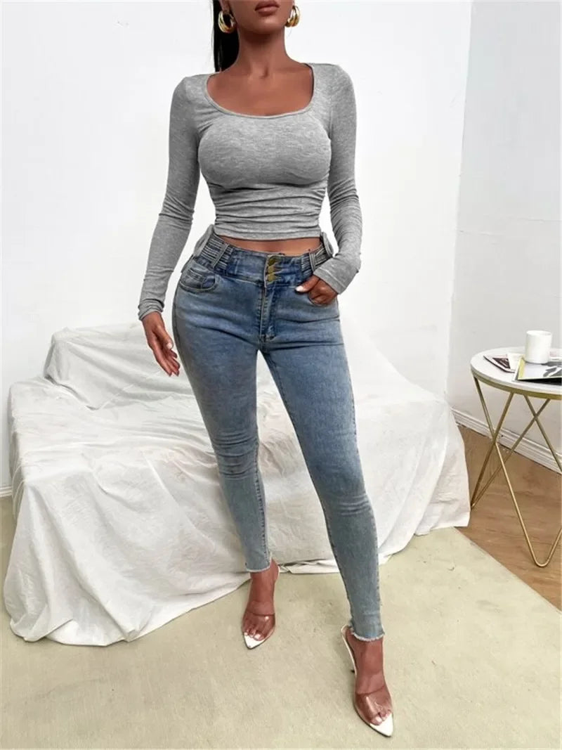 Knitted Slim Soild Round Neck Chic Long Sleeve Streetwear Crop Top