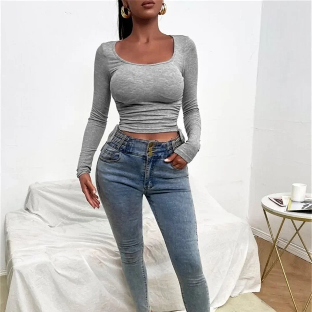 Knitted Slim Soild Round Neck Chic Long Sleeve Streetwear Crop Top