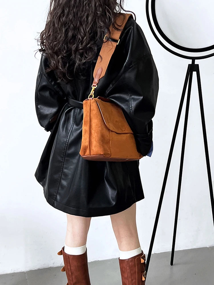 Loose Fit PU Leather Black Big Size Long Stand Collar Long Sleeve Fashion Jacket