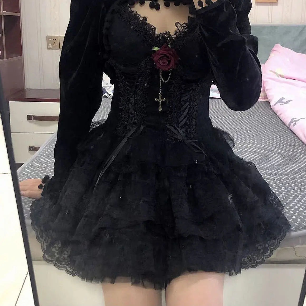 Sexy Black Detail Tutu Tulle Elastic Mini Mesh Gothic Lace Skirt