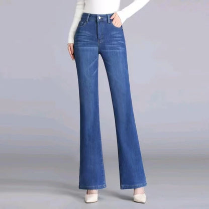 Amy Fashion - Elastic High Waist Woman Flare 2024 New Korean Fashion Clothing Pockets Slim Denim Solid Casual Flare Jean