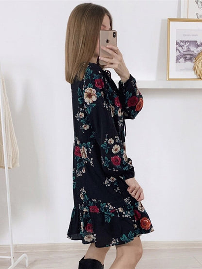 Amy Fashion - Casual O-neck Full Sleeve High Waist Floral Dress