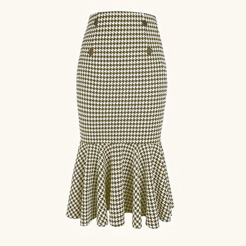 Elegant Houndstooth Printed Knee Length Fashion High Waist Slim Skirt