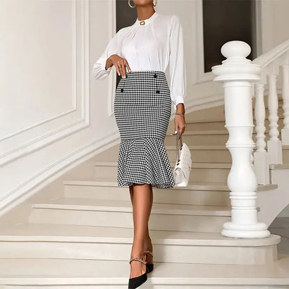 Elegant Houndstooth Printed Knee Length Fashion High Waist Slim Skirt