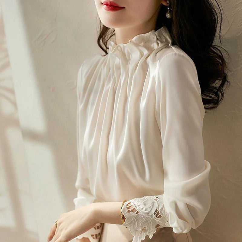 Elegant Folds Solid Color Autumn Winter Princess Sleeve Blouse