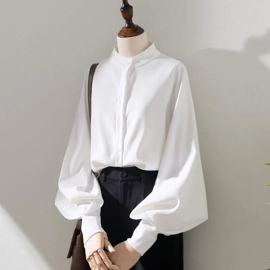 Loose Korean Office Ladies Fashion Button Up Lantern Stand Collar Tops Blouse