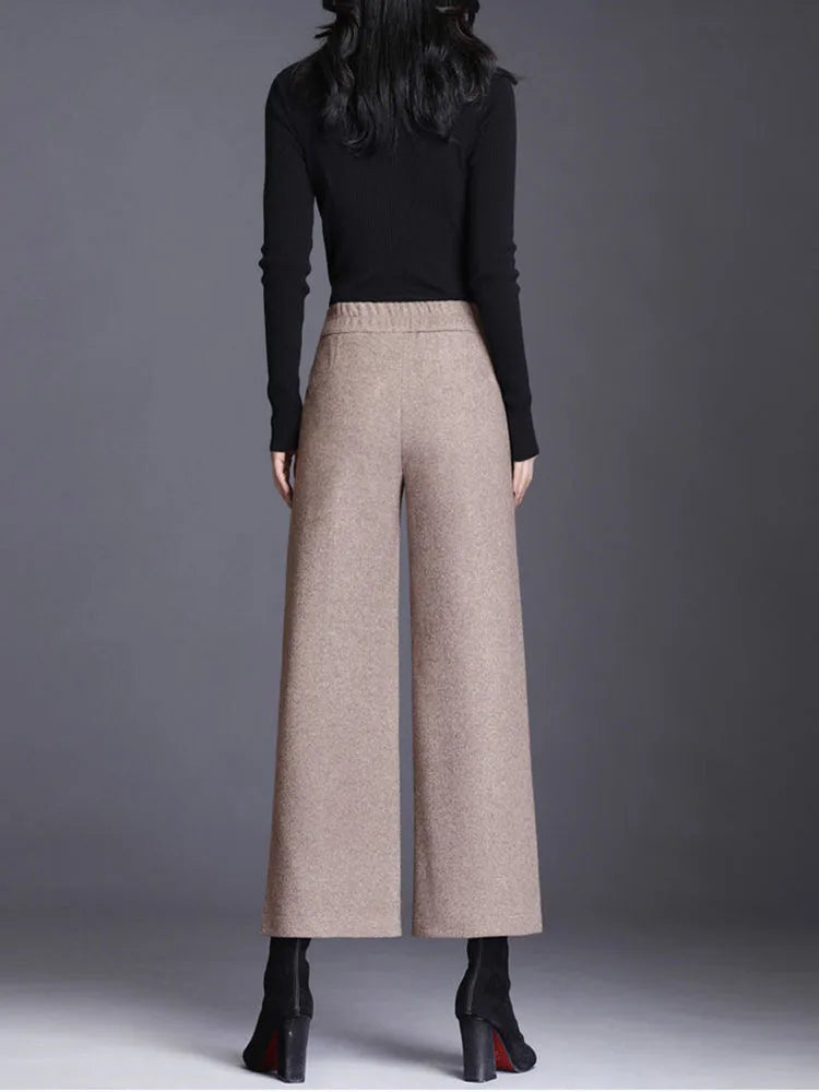 Elegant Woolen Blend Wide Leg High Waist Office Pants